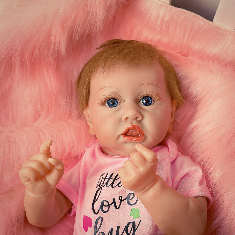 Boneca realista bebê reborn, 22 polegadas, branco, menina, realista, com boca torta, adorável, bonecas, olhos azuis, brinquedo para crianças