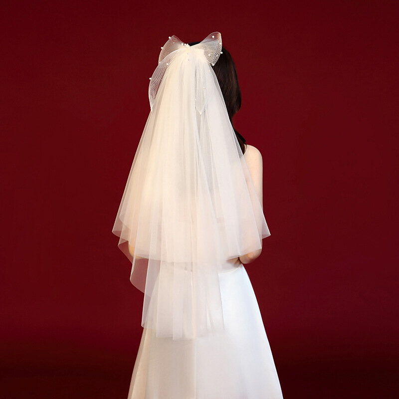 NZUK – Voile de mariée en tulle à deux couches, avec nœud papillon perlé, accessoires de Mariage, Voile court avec peigne