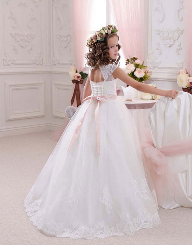 Gaun Putri Lengan Pendek Kerah O Lucu Berenda Bengkak Gaun Pernikahan Gadis Bunga Kecil Gaun Pesta untuk Anak Perempuan Kecil dari 3-12 Usia