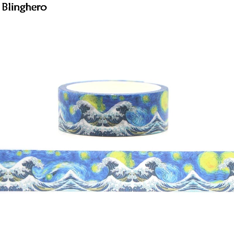 Blinghero Kanagawa Wave 15mmX5m Cool Washi Tap DIY Masking Tape Adhesive Tapes Cartoon Decorative Tapes Scenery Decal BH0040