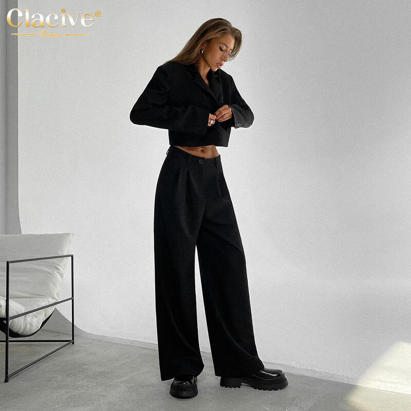Clacive casual preto calças largas ternos feminino inverno elegante calças de cintura alta ternos feminino moda blazer duas peças conjunto