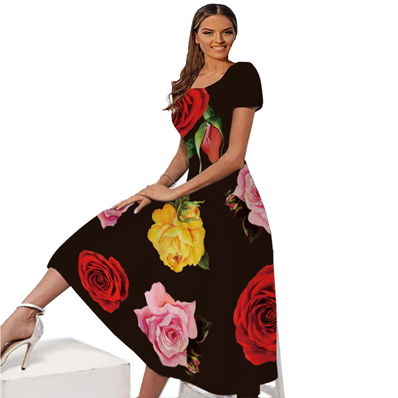 Wayoflove-女性の花柄の黒のドレス,エレガントなイブニングドレス,半袖,ロング,カジュアル,春と夏