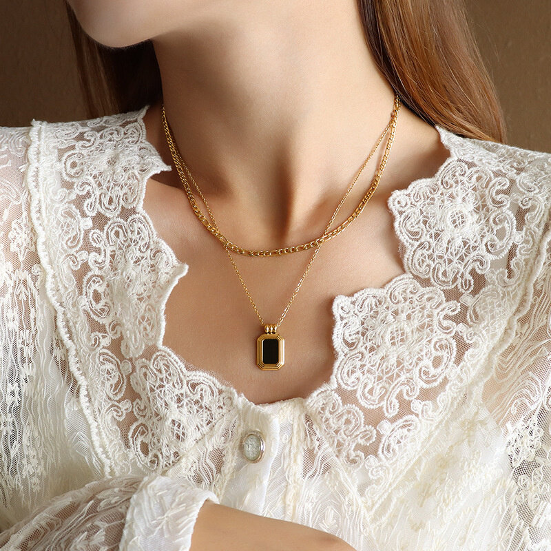 Stainless Steel Black Square Plated Gold Shell Double Layered Necklace For Women Bohemian 2021 Trends Accessories Jewelry