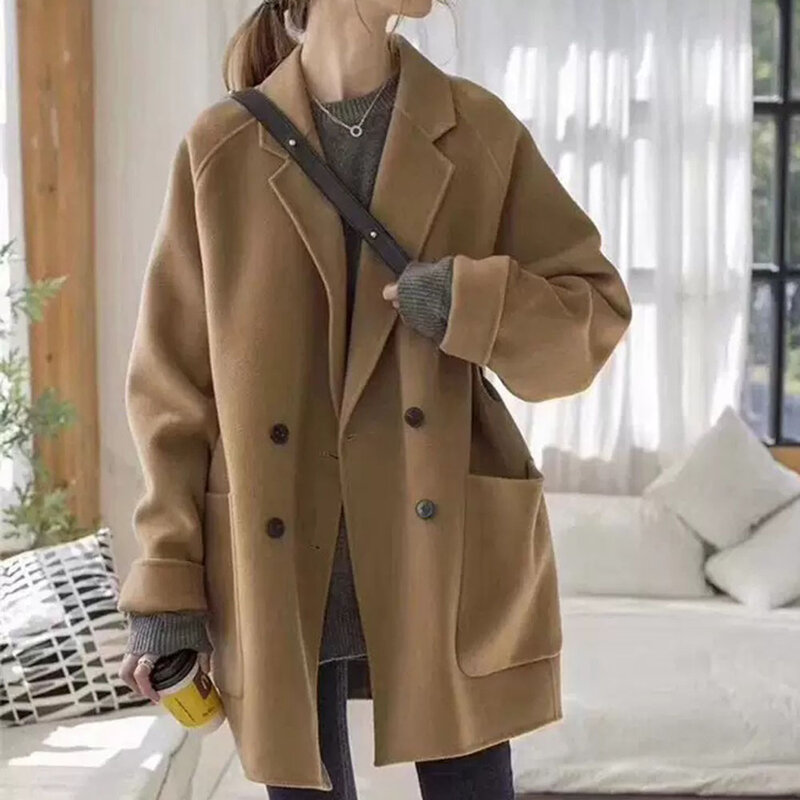 المرأة الخريف معطف جديد منتصف طول فضفاضة طويلة الأكمام سوليد اللون زر جيب عادية بسيطة أنيقة معاطف الإناث الشتاء 2021