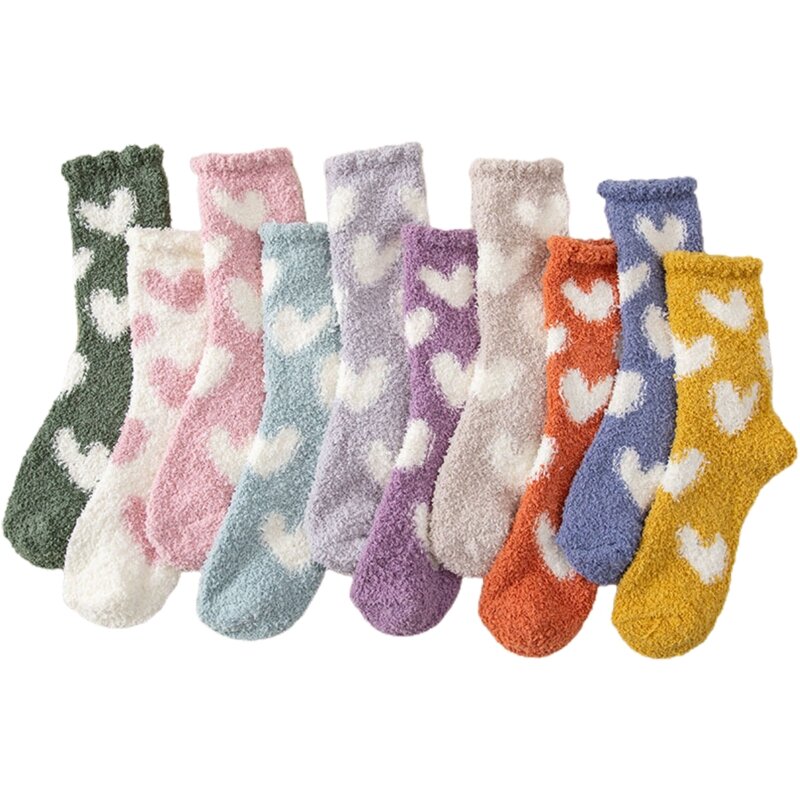 10 Pairs Women Thick Coral Velvet Slipper Socks Heart Candy Color Warm Hosiery
