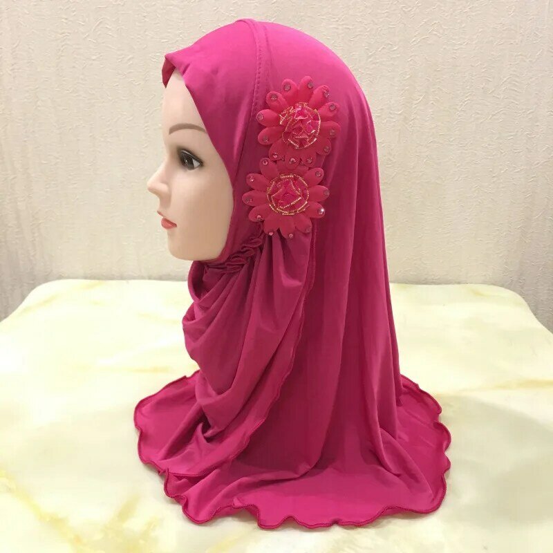 Pañuelo islámico de seda de hielo para niña, Hijab musulmán, flor, pañuelo para la cabeza, turbante árabe para niños, listo para usar sombrero de adoración, regalo de Ramadán