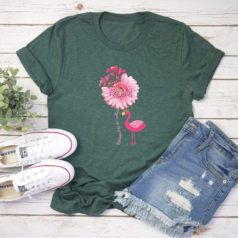 Camiseta con estampado de flores y flamencos para Mujer, blusa holgada de manga corta con cuello redondo para Mujer, ropa para Mujer