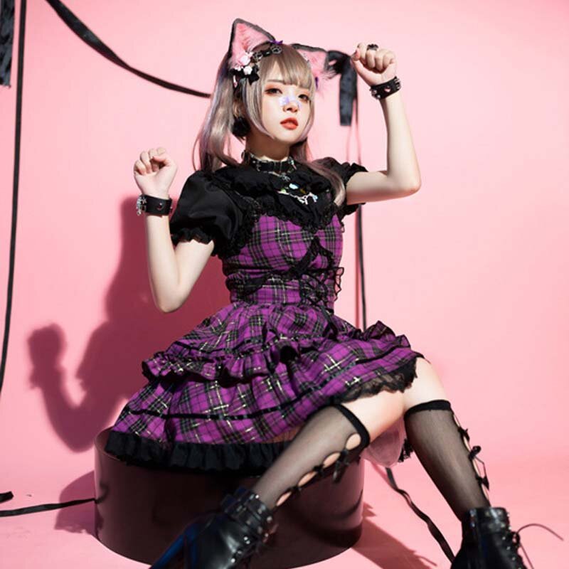 Vestido gótico japonés de Lolita Jsk, Harajuku, Vintage, a cuadros, sin mangas, de encaje, de princesa, para mujer, Diablo, Kawaii, para fiesta de Cosplay