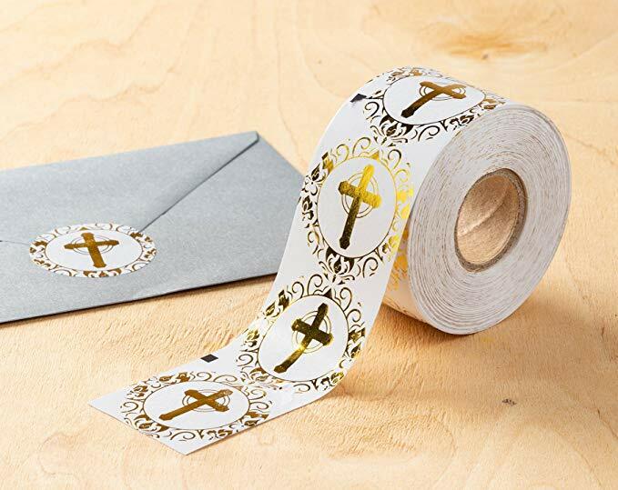 Pegatinas religiosas 500 hoja de oro pegatinas de cruces Cruz diseño redondo etiquetas fiesta favorece a los niños juguete clásico adhesivo cristianos