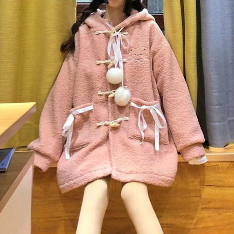 Cappotto artificiale donna carino Kawaii Lolita Cardigan invernale cappuccio in lana d'agnello cappotti studente coreano sciolto imbottito vestiti di cotone nuovo