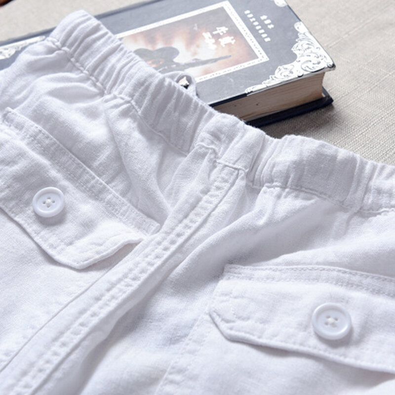 1999 wiosna lato moda męska marka mieszanka lnu i bawełny w chińskim stylu luźne spodnie męskie dorywczo proste cienkie białe proste spodnie spodni