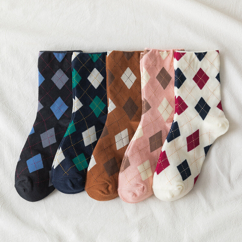 Socks Ins Tide Retro Diamond Lattice Japanese College Wind Pile Pile Socks Jacquard Forest Ladies Mid-Tube Socks