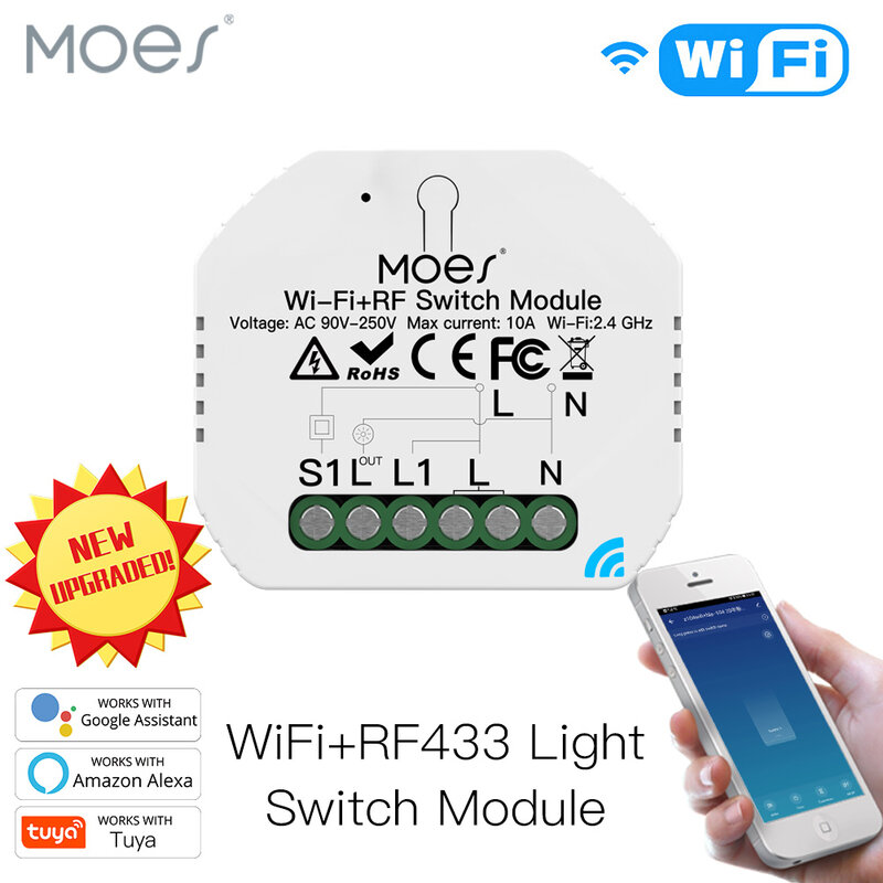 Mini DIY WiFi RF433สมาร์ทรีเลย์โมดูล Smart Life/Tuya App Control,ทำงานร่วมกับ Alexa Google Home 1 Gang 1/2 Way