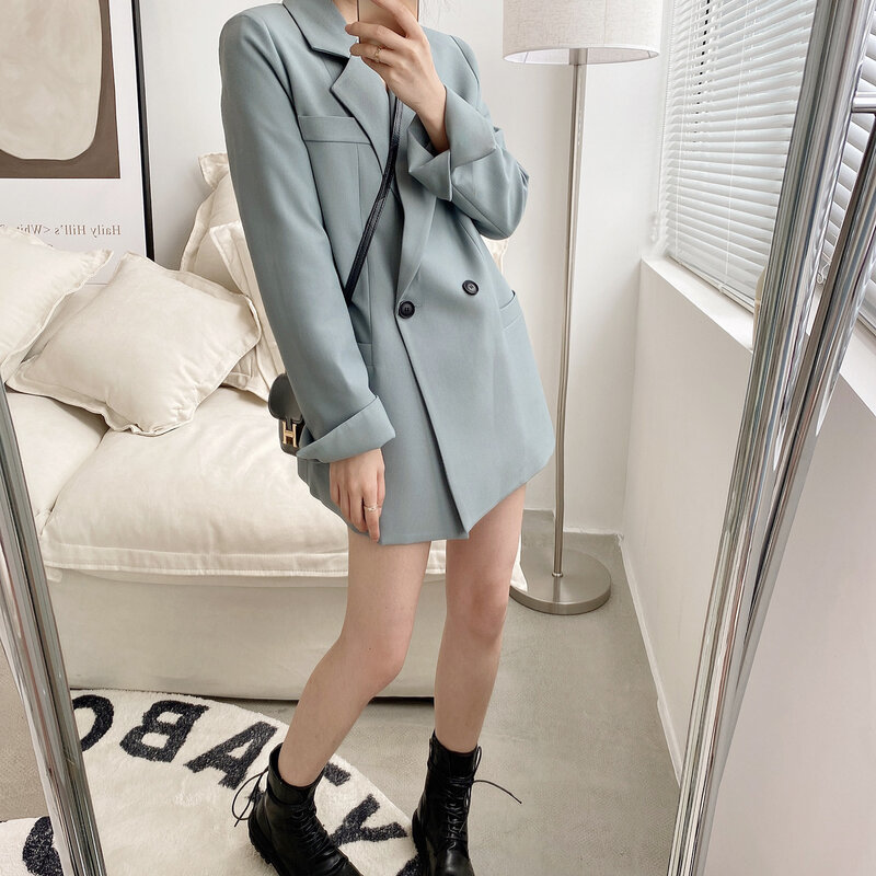 Blazer azul elegante para outono, jaqueta feminina estilo coreano, gola v solta, manga longa