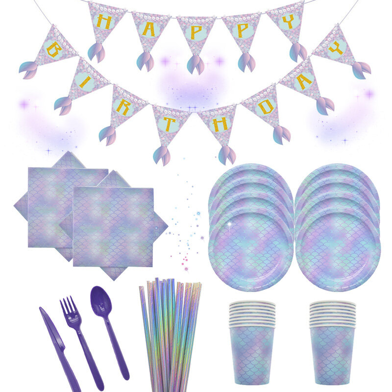 Platos desechables de sirena, vasos, globos, océano bajo el mar, platos de papel para postre para Baby Shower, suministros para fiesta de cumpleaños