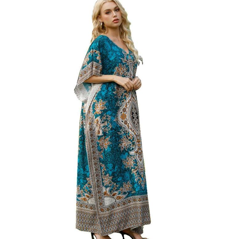 Moda feminina praia vestido de férias verão impressão com decote em v vestido étnico kaftan étnico maxi vestido sexy k1375