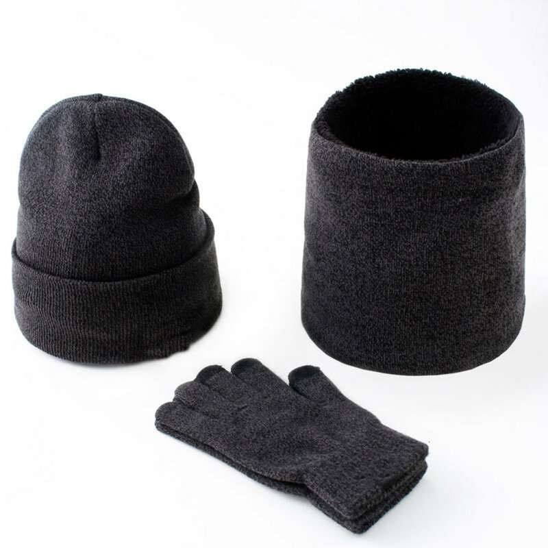 Conjunto de gorro de punto y bufanda forrada de lana para mujer y hombre, guantes de pantalla táctil, calentador térmico de cuello, 3 piezas, Invierno