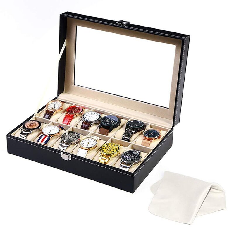 Caja organizadora de almacenamiento de Caja expositor de relojes de muñeca, caja de joyería Neutral de cuero PU negro con 2/3/6/10/12/8 + 2 ranuras