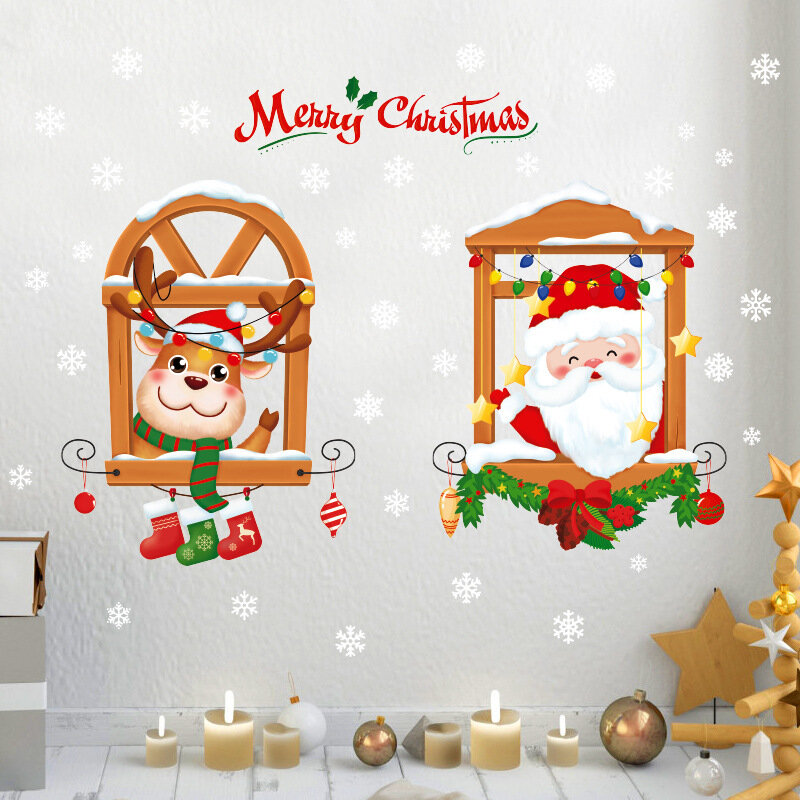 Natal janelas adesivo de parede de vidro de papai noel e elk adesivo de parede filme removível natal adesivos decorativos