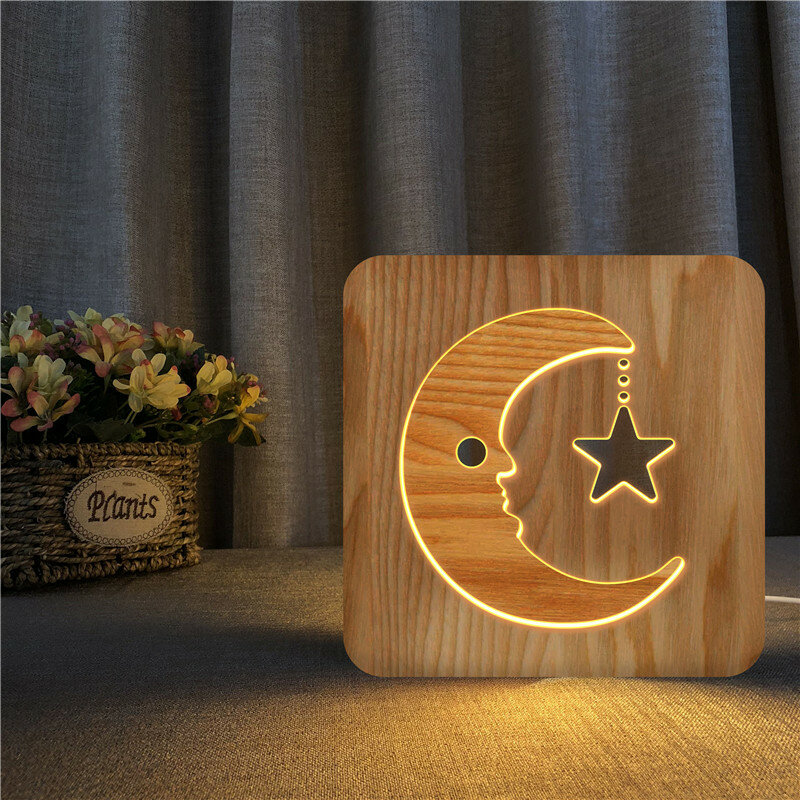 Wooden Moon Star Cloud 3D LED Lamp USB Powered Desk Lights for Baby Warm White Sleeping Night Holiday Home Decor Gift