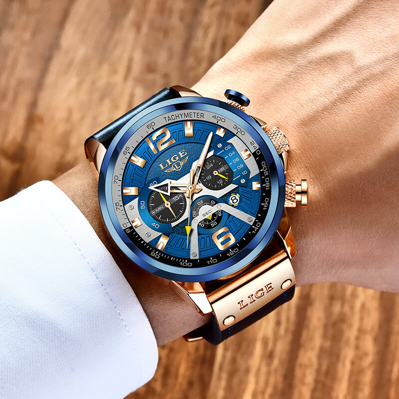 LIGE Casual Sport นาฬิกาผู้ชายแบรนด์หรูนาฬิกาข้อมือหนังนาฬิกาผู้ชายนาฬิกาแฟชั่นนาฬิกาข้อมือ Chronograph