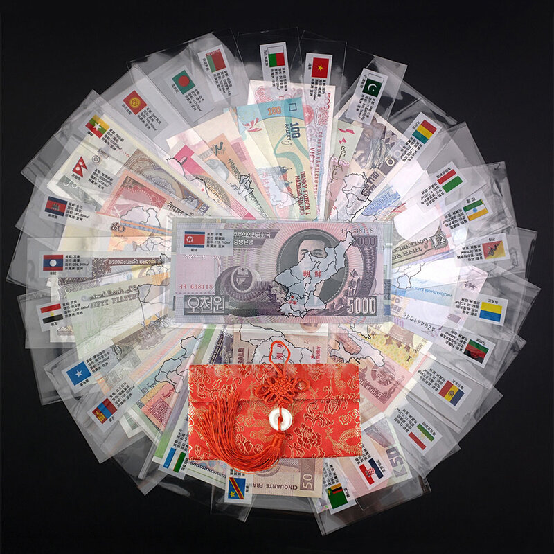 Billetes de 52 piezas de 28 países, billetes originales reales UNC con bolsa roja, sobre, World Note, regalo, notas de colección