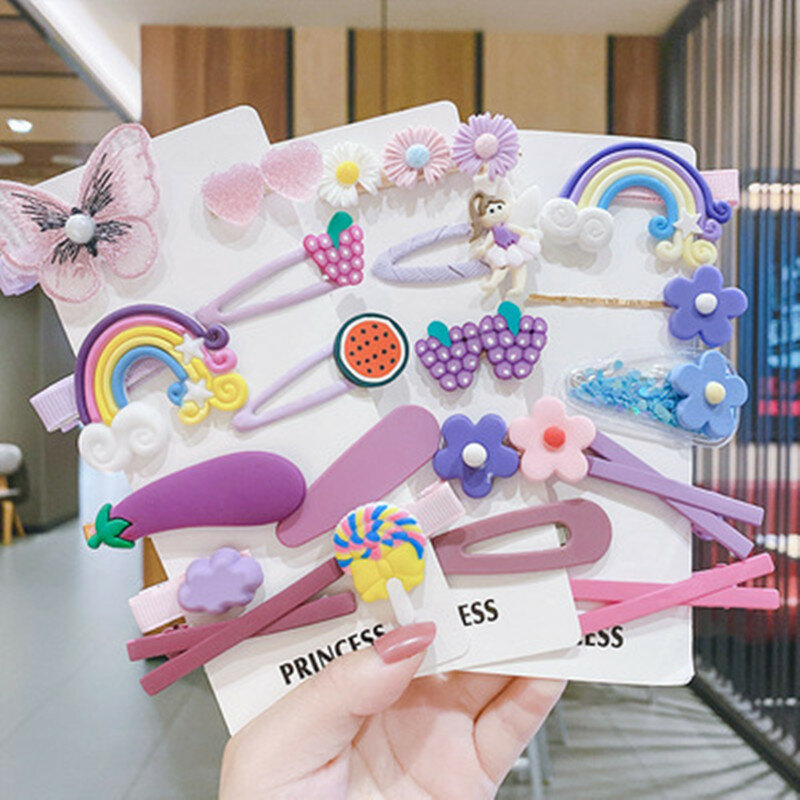 New 14Pcs/Set Cute Fruit Rainbow Flower Girl Hair Clip Children Hairpins Set  Clothing Accessories for Toddler Kids Headwear