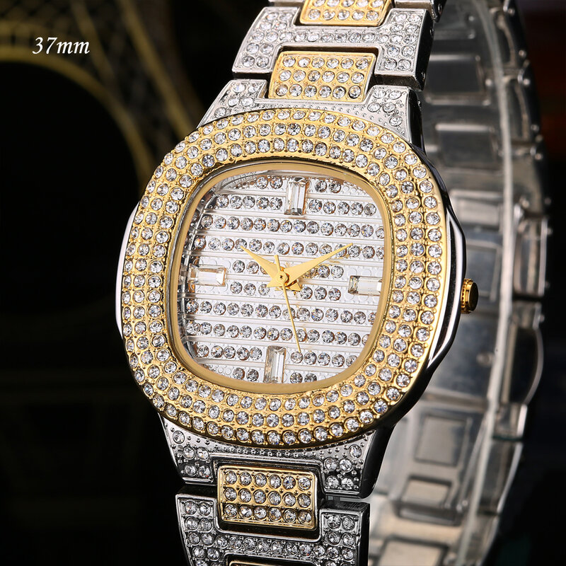 Full Bling เพชรนาฬิกาผู้ชายเย็น-Hip Hop ผู้หญิงควอตซ์นาฬิกาสแตนเลสทอง Relogio Reloj Hombre นาฬิกา Unisex นาฬิกา