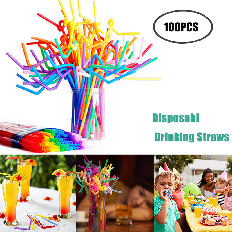 Pajitas largas de plástico Multicolor para fiestas, suministros para bebidas, bodas, celebraciones, Bar, zumo, 100 Uds.