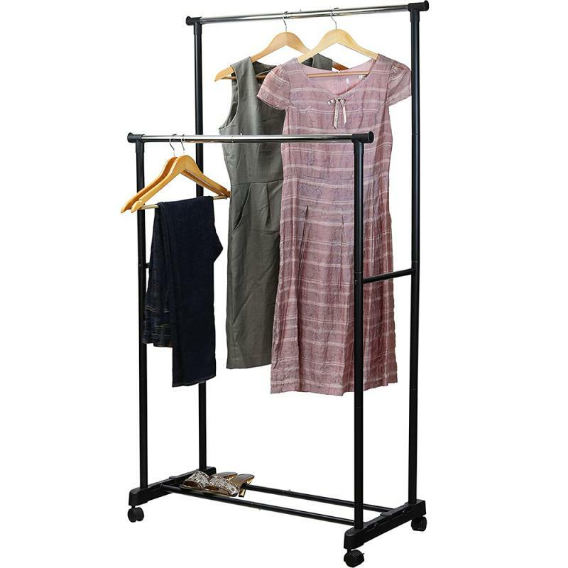 Hanger Support Simple Stretching Clothes Movable Assembled Coat Drying Rack Stand Shoe Shelf Adjustable Clothing Double rod