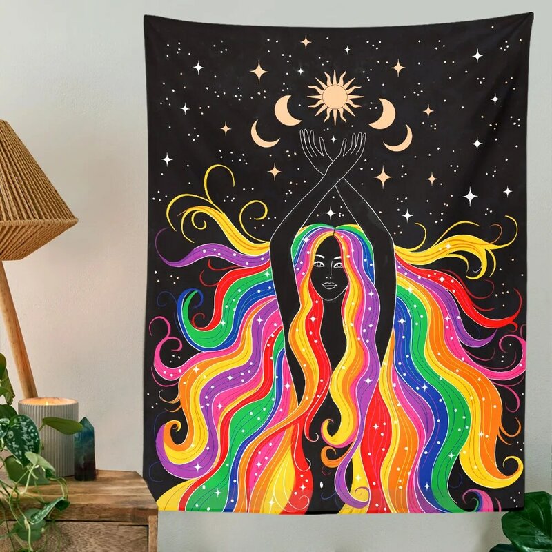 Tkanina dekoracyjna na tle ściany salonu sypialnia tęcza dziewczyna gobelin słońce księżyc gwiazda gobelin Tapestry Wall