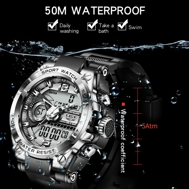 Relogio Masculino 2021 LIGE Sport mężczyźni cyfrowy zegarek kwarcowy kreatywny nurkowanie zegarki mężczyźni wodoodporny zegarek z budzikiem podwójny zegar z wyświetlaczem