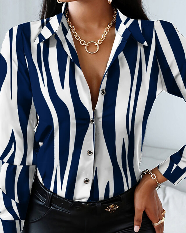 2021 moda feminina camisa senhora manga comprida blusa turn-down collarbutton design imprimir camisas casuais