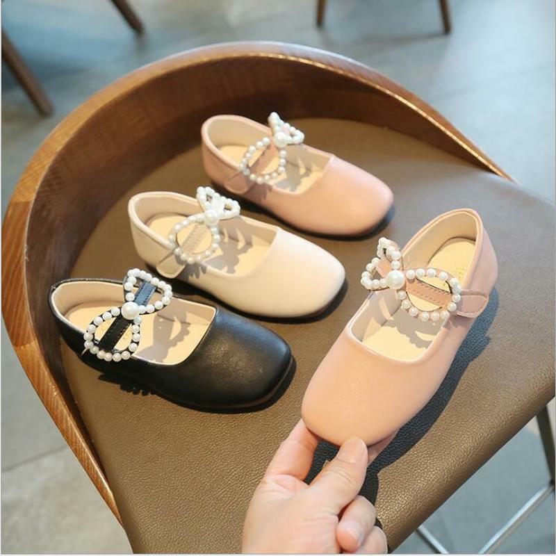 Korea Mutiara Anak Perempuan Sepatu Tunggal Putri Shoes2021 Spring Fashion PU Kulit untuk Anak Perempuan Dasi Kupu-kupu Sepatu Dansa