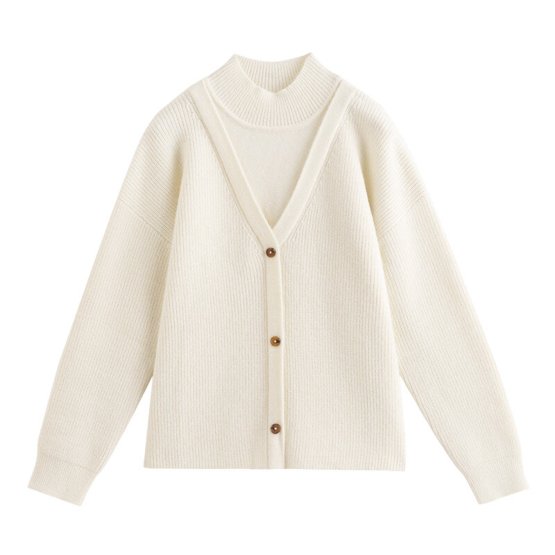 INMAN-suéter informal de cuello alto para mujer, Jersey de punto de dos piezas falso que combina con todo, color Beige, para Otoño e Invierno