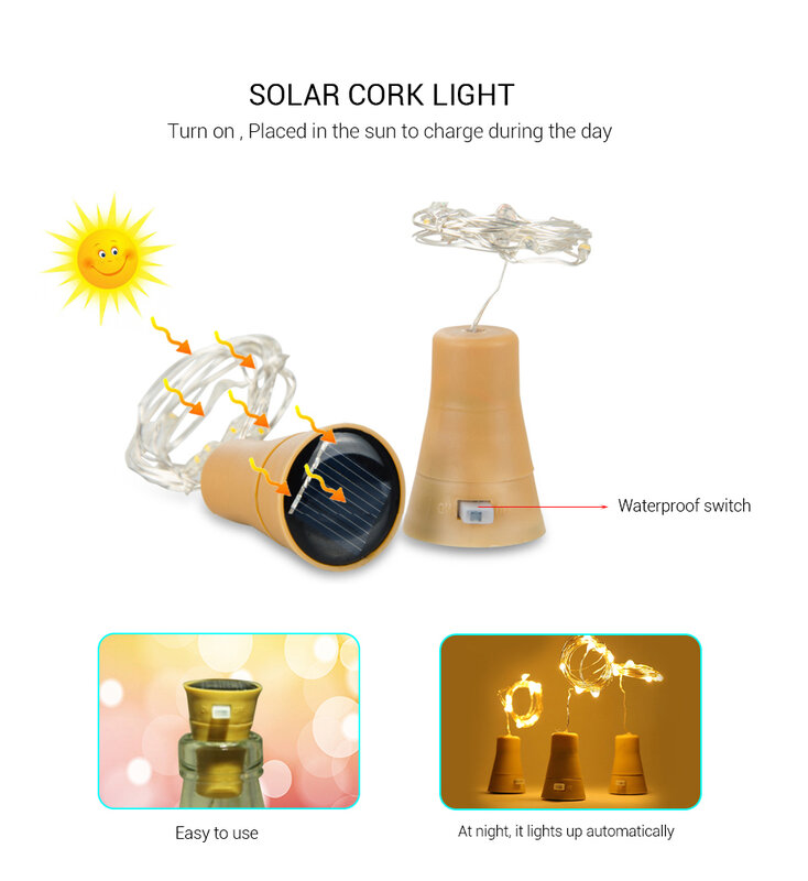 6/12Pcs ขวดไวน์พลังงานแสงอาทิตย์ไฟ20LED พลังงานแสงอาทิตย์ Cork String ไฟทองแดงสายไฟ Fairy Light สำหรับคริสต์มาสง...