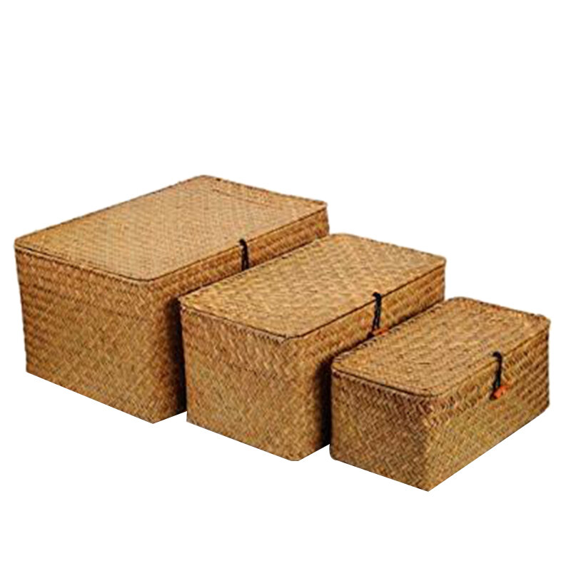 LBER-contenedores de almacenamiento de mimbre tejido, juegos de cestas para estantes, Juego de 3 tamaños diferentes, contenedor multiusos con tapa