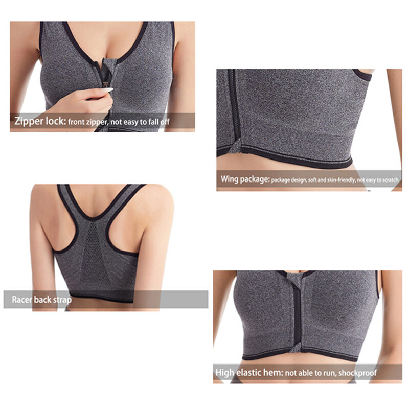 Women Zipper Sports Bras Comfortable Breathable Fitness Gym Yoga Sports Bra Top Wirefree Padded Push Up Sports Shakeproof Tops