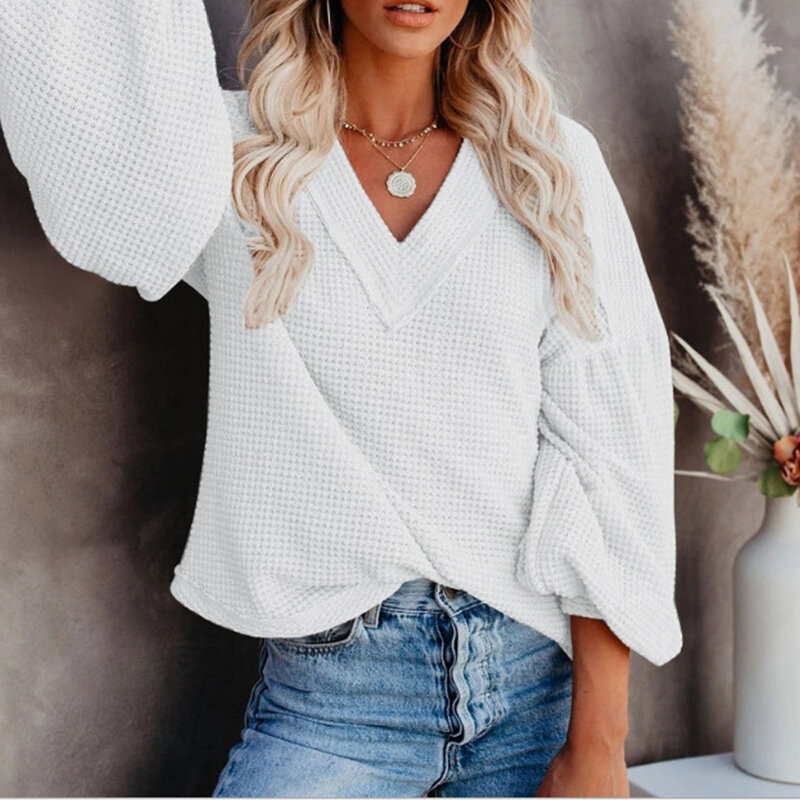 Women Loose Knitted Sweater Long Sleeve V-neck Lantern Sleeves Woman Pullovers Sweaters Casual Spring Solid Elegant Sweater