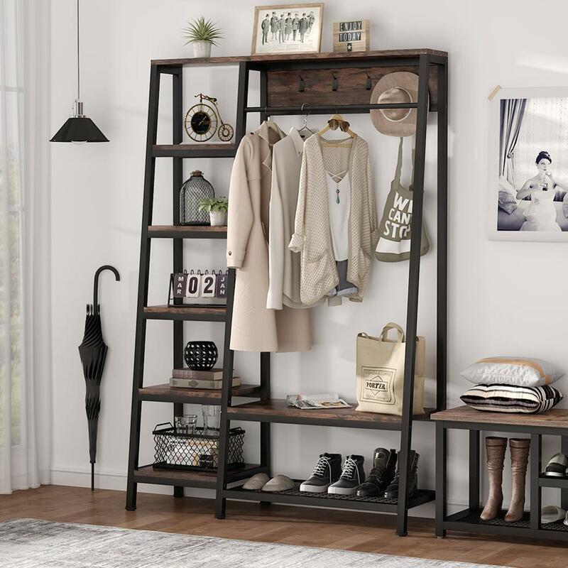 Tribesigns Industrial Entryway Hall Trees with Hooks, Storage Shelves and Bench