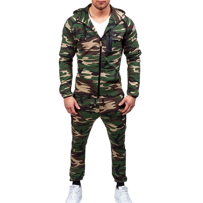 Zogaa 2021 camuflagem jaquetas conjunto masculino camo impresso sportwear treino masculino calças superiores ternos com capuz casaco calças outono inverno