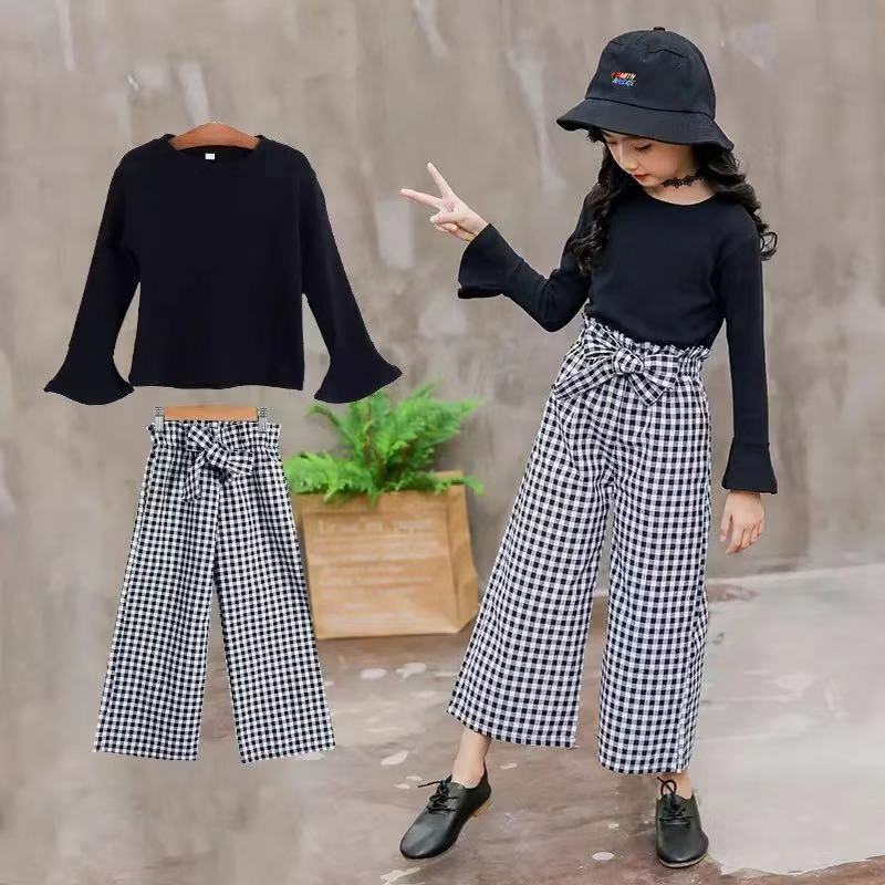2020 Kids Girls Clothes Sets Long Sleeve T-shirts + Plaid Wide Leg Pants  Autumn Children's Clothing Teenage for 7 8 10 12 Years