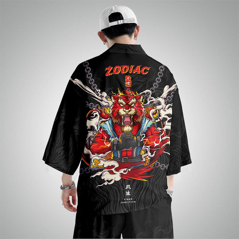 Yukata-Kimono japonés con estampado de tigre negro para hombre, cárdigan y pantalón, camisa, blusa, verano, playa, 2021