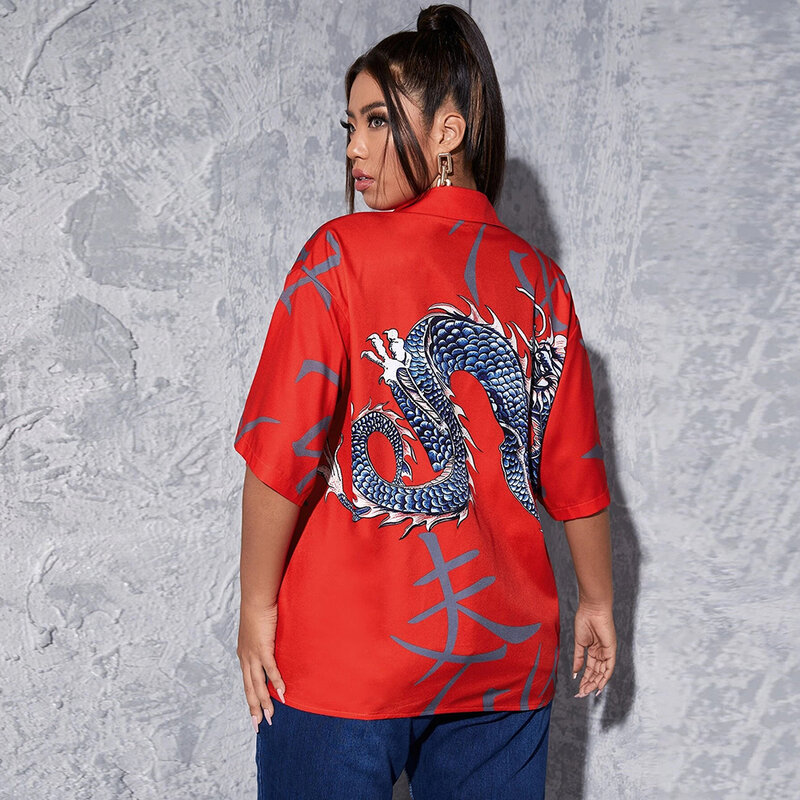 Блузка женская с принтом дракона, шикарная рубашка в стиле Харадзюку, топ с коротким рукавом, размер XXL, лето-весна