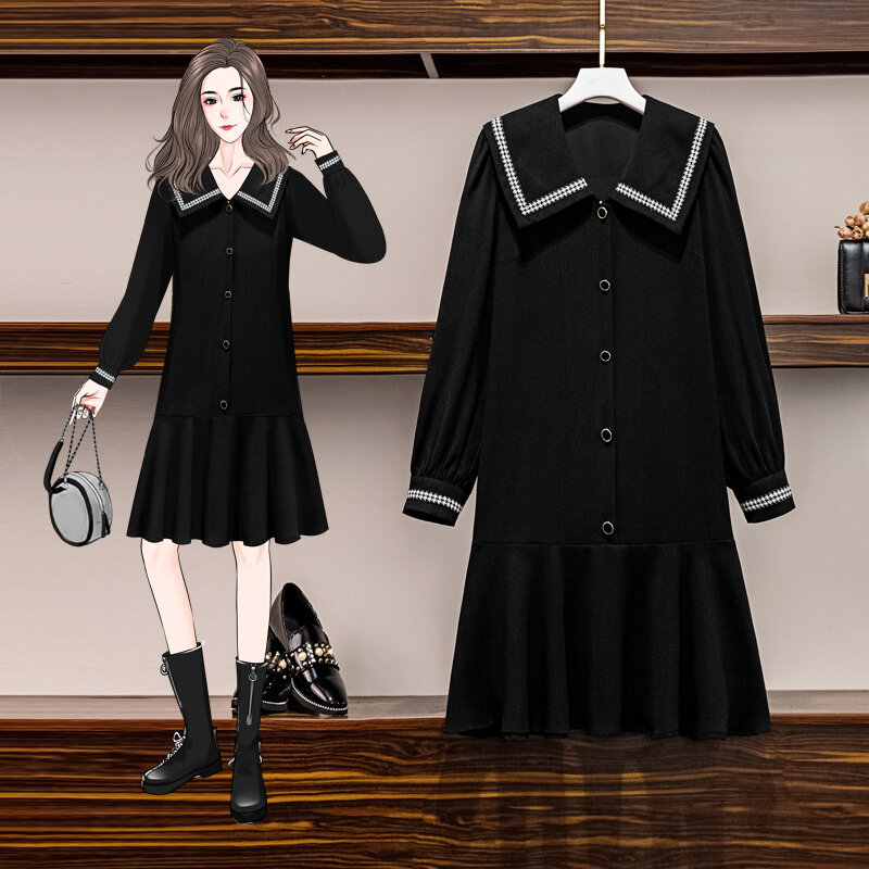 L-4XL размера плюс, женские черные повседневные платье Русалочки для девочки весна 2021 милые с рисунком «гусиные лапки» в стиле пэчворк с длинн...