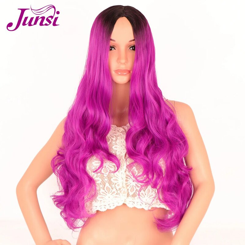 JUNSI Long Wavy  Blonde Wig Platinum Blonde Synthetic Wigs for African American Women  Natural Middle Part  Cosplay wig