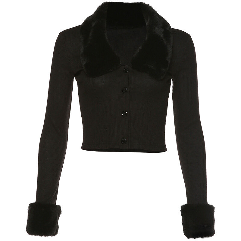 Camiseta negra de manga larga para mujer, blusa esponjosa con botones y cuello vuelto, Top corto cálido, Tops informales elásticos ajustados