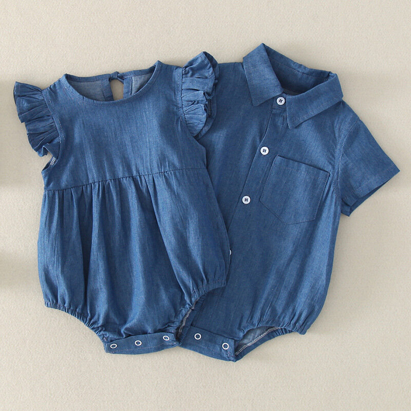 Abbigliamento per bambini di marca YG, jeans con maniche a mosca, colletto per camicia per neonato, abito strisciante a triangolo, borsa a maniche corte