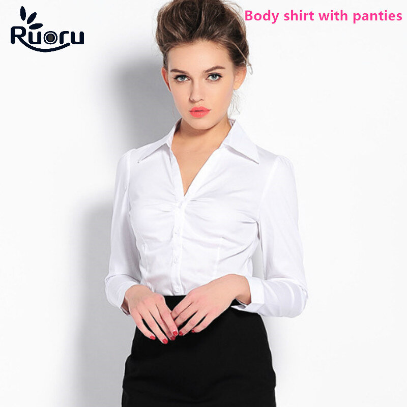 Ruoru Elegant Bodysuits for Women Office Lady Work White Body Shirt Long Sleeved Bodycon Fashion Tops and Blouses Female Clothes