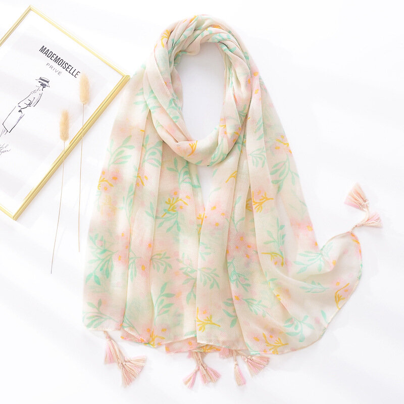 Literary and Artistic Fresh Pink Green Printed Silk Scarf Soft Breathable Cotton and Linen Feel Big Gauze Scarf Handmade Tassel
